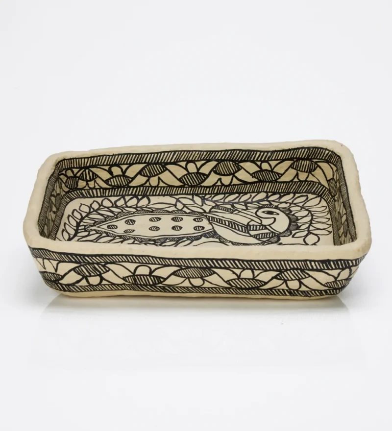 Monochrome Peacock Couple Motif Paper Mache Tray 2