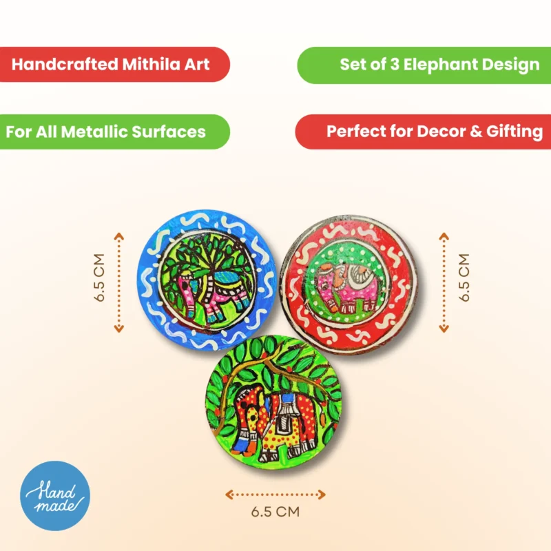 handpainted madhubani elephant magnet set