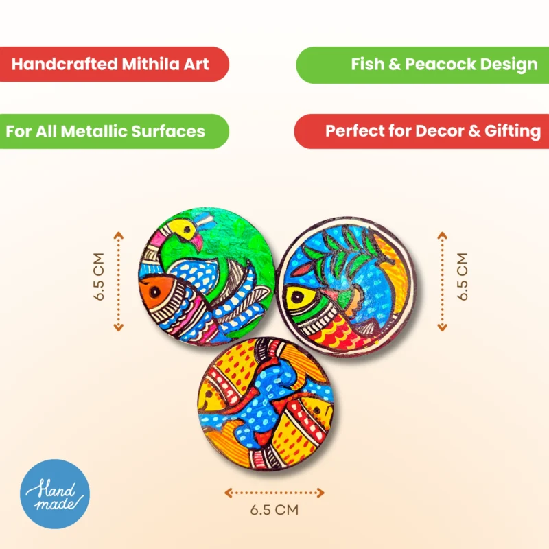 handpainted madhubani peacock and fish ele magnet set