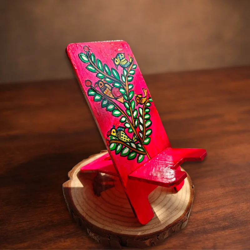 madhubani birds on branch handpainted mobile stand and holder for desk