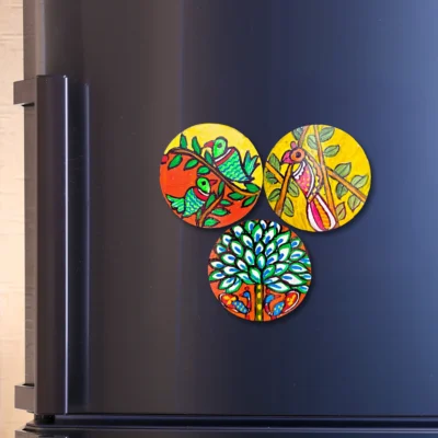 madhubani birds theme fridge magnet set of 3