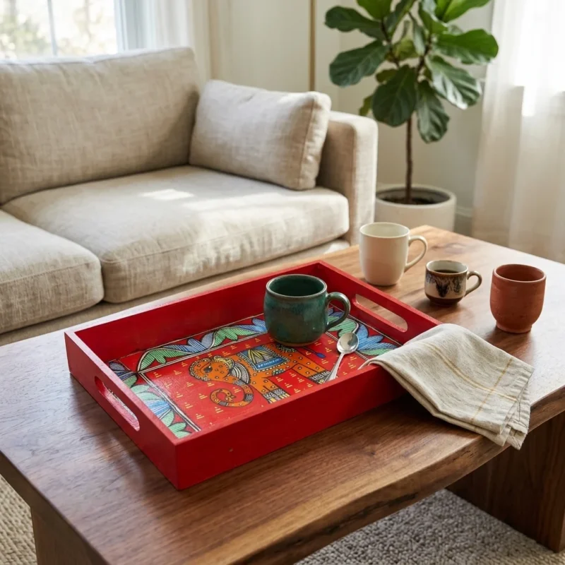 madhubani elephant red serving tray lifestyle shoot