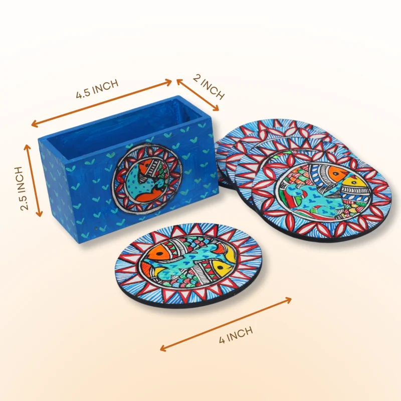 madhubani fish design coaster set with stand