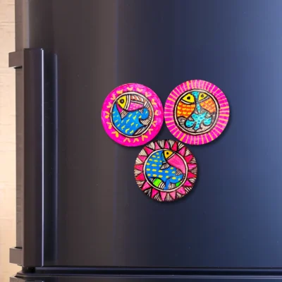 madhubani fish theme pink fridge magnet set of 3