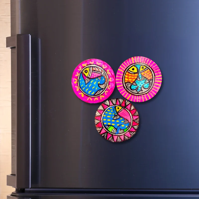 madhubani fish theme pink fridge magnet set of 3