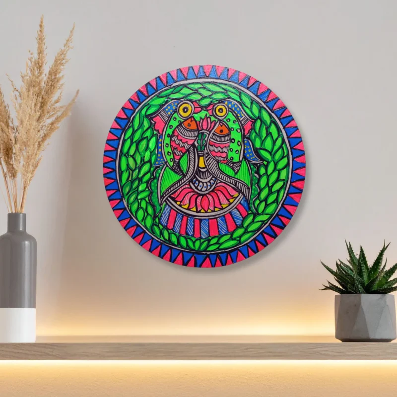 madhubani bird couple and fish artwork decorative wall plate