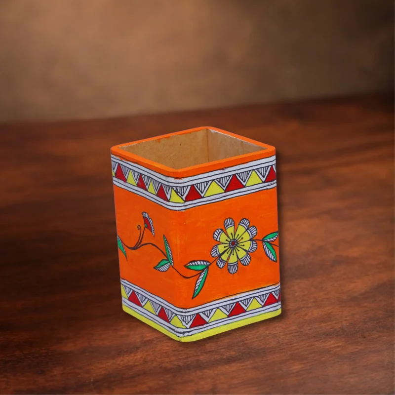 madhubani handpainted floral pen holder