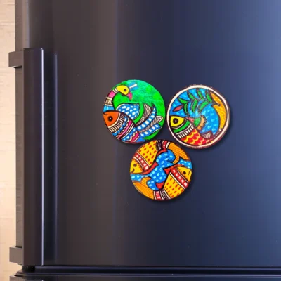 madhubani peacock and fish fridge magnet set of 3