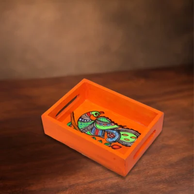 madhubani peacock mini pinewood tray