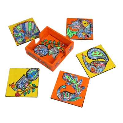 madhubani peacock theme coaster set of 6 with holder