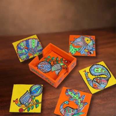 madhubani peacock theme coaster set with holder