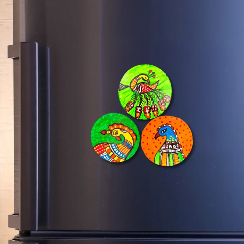 madhubani peacock theme fridge magnet set of 3