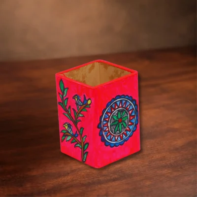 madhubani pen holder with bird and mandala design