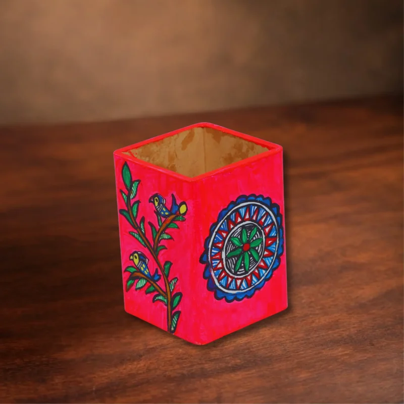 madhubani pen holder with bird and mandala design