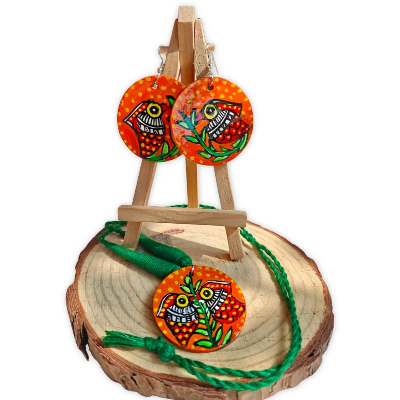 madhubani bird orange earring and pendant set