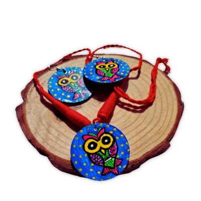madhubani owl blue earring and pendant set