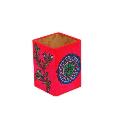 madhubani pen holder with bird and mandala design