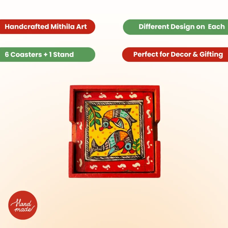 handpainted madhubani parrot couple coaster set with stand