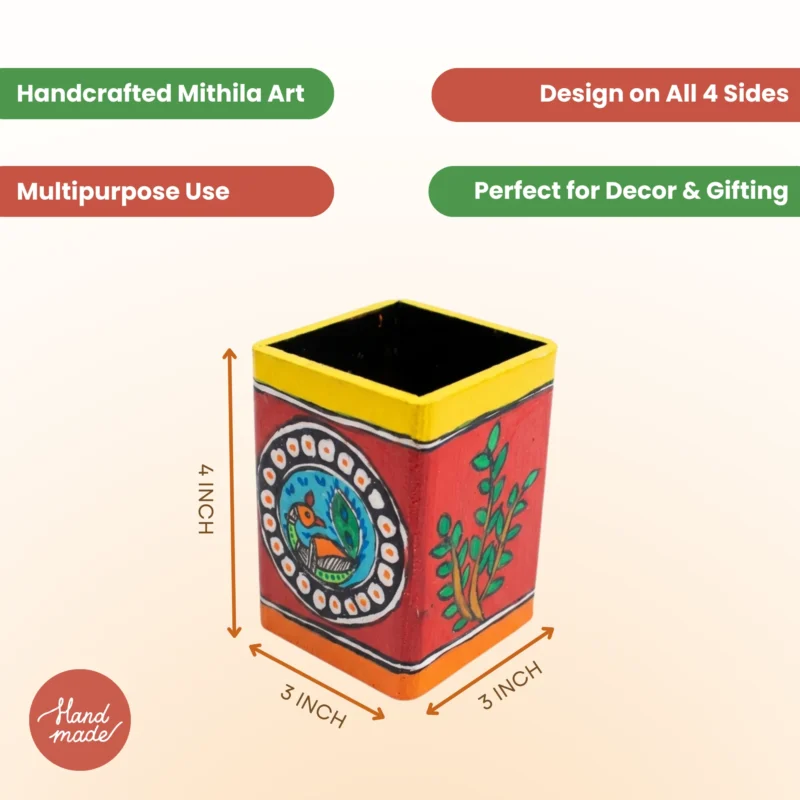 madhubani art handpainted pen holder for desk decor