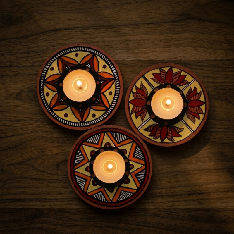 madhubani art rustic tealight holder set