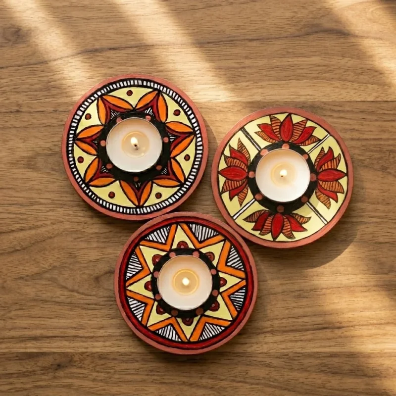 madhubani art candle holder set of 3