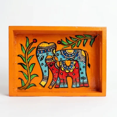madhubani elephant mother & child mini pinewood serving tray