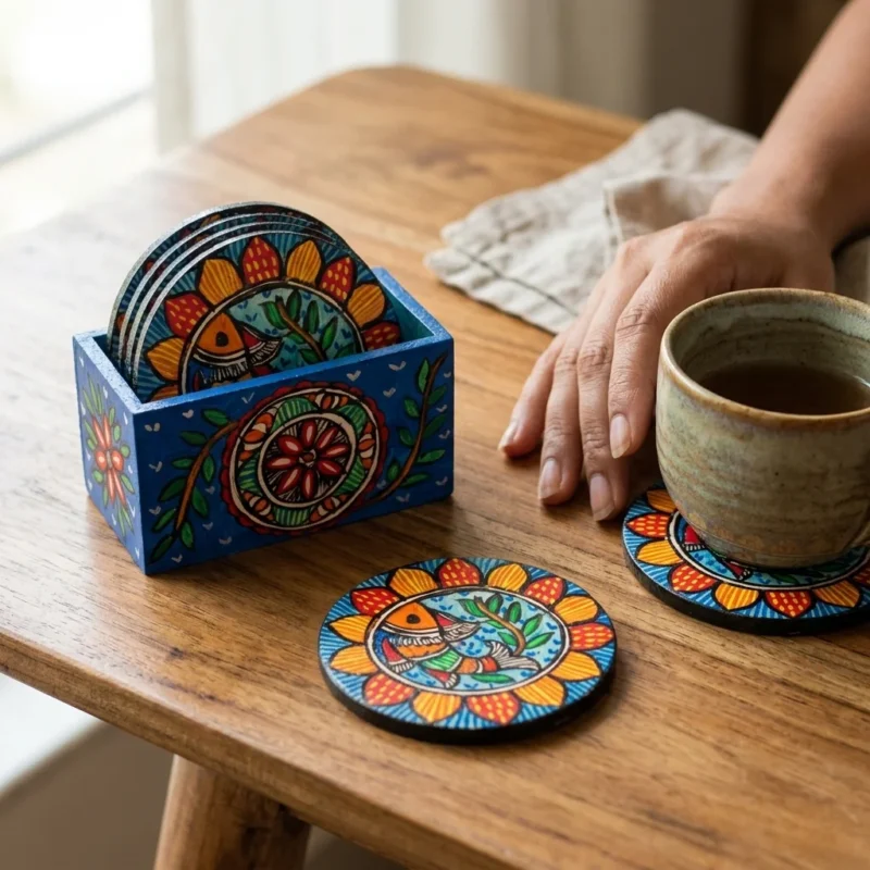 madhubani fish & elephant coaster set