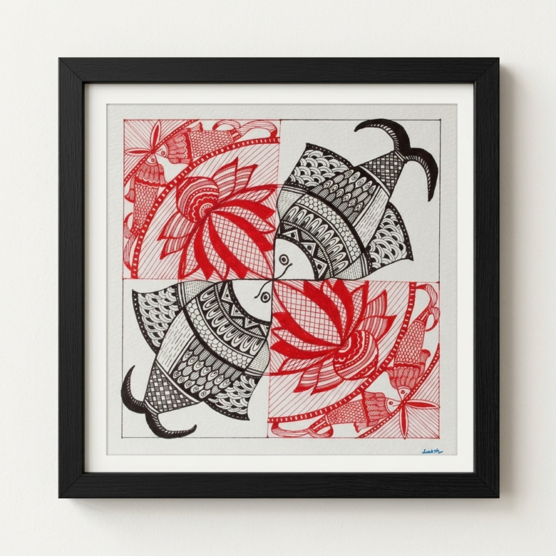 madhubani fish & lotus kachni painting 8x8
