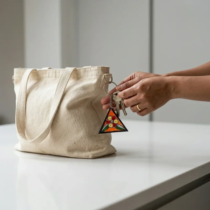 madhubani floral bag charm in use