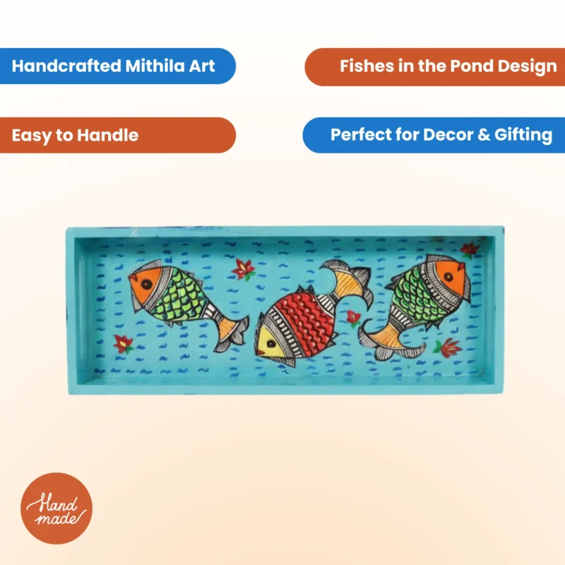 madhubani painting fish in pond serving tray