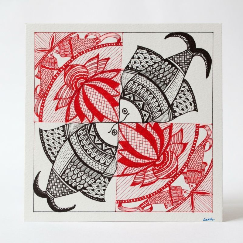 madhubani painting fish & lotus kachni