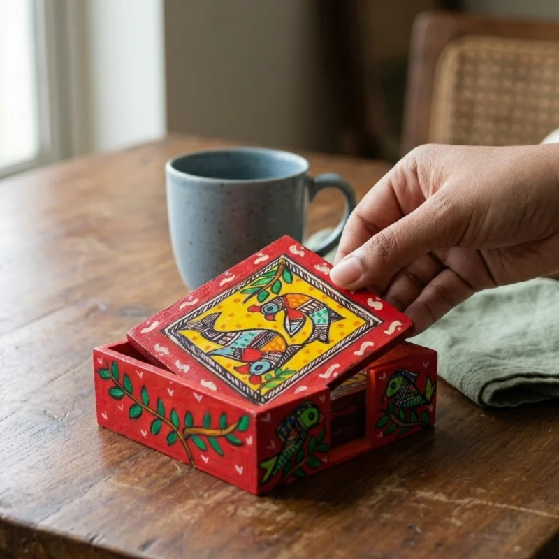 madhubani parrot coaster in use