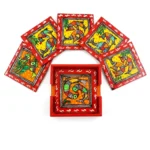 madhubani parrot couple square coaster set of 6 with stand