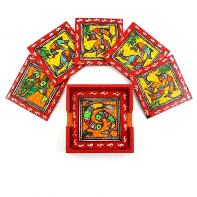 madhubani parrot couple square coaster set of 6 with stand