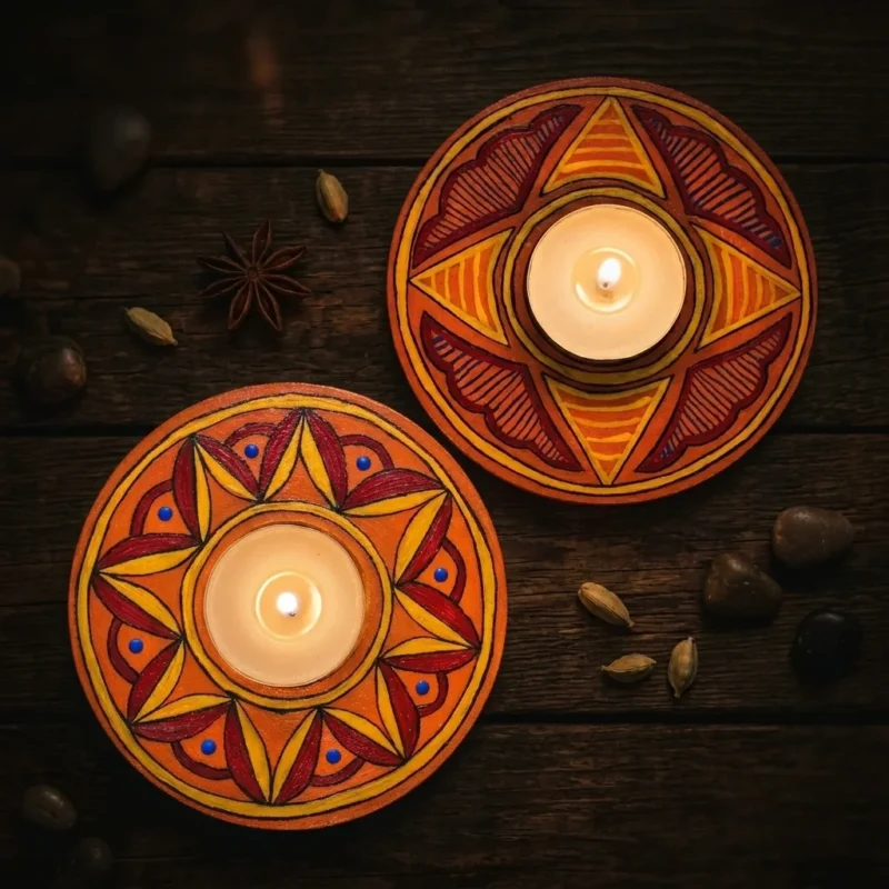 madhubani red orange tealight holder set in use