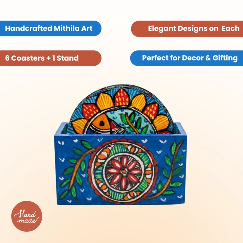 mithila art fish & elephant design coaster set