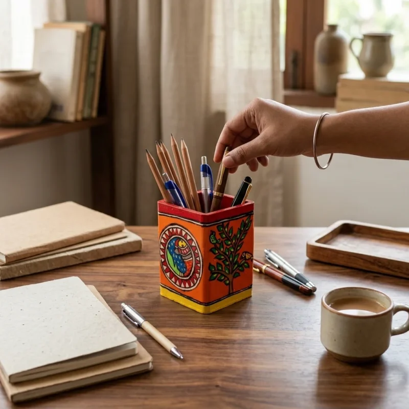orange madhubani art pen stand in use