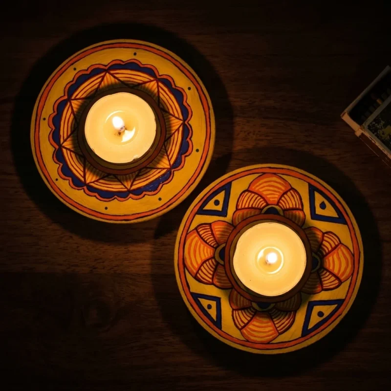 yellow & blue tealight holder set in use