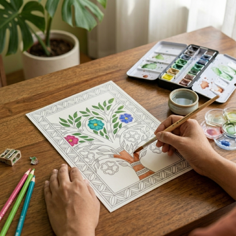 madhubani art coloring page for coloring activity