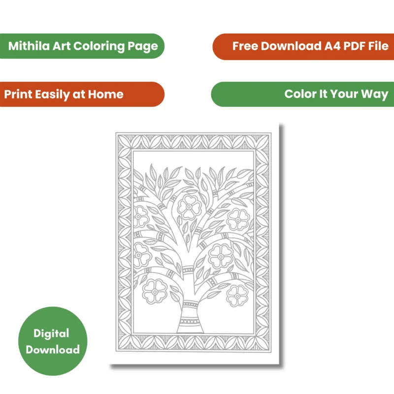free madhubani art coloring page A4 coloring sheet