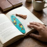aesthetic madhubani fish bookmark in use
