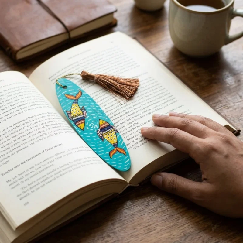aesthetic madhubani fish bookmark in use