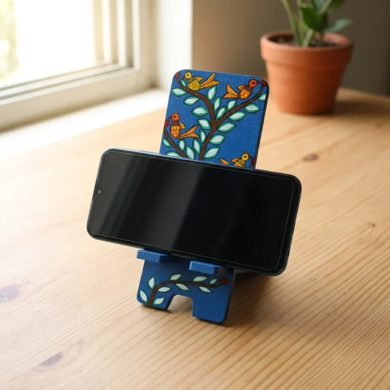 madhubani bird mobile phone stand with mobile kept