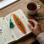 madhubani flower orange bookmark in use