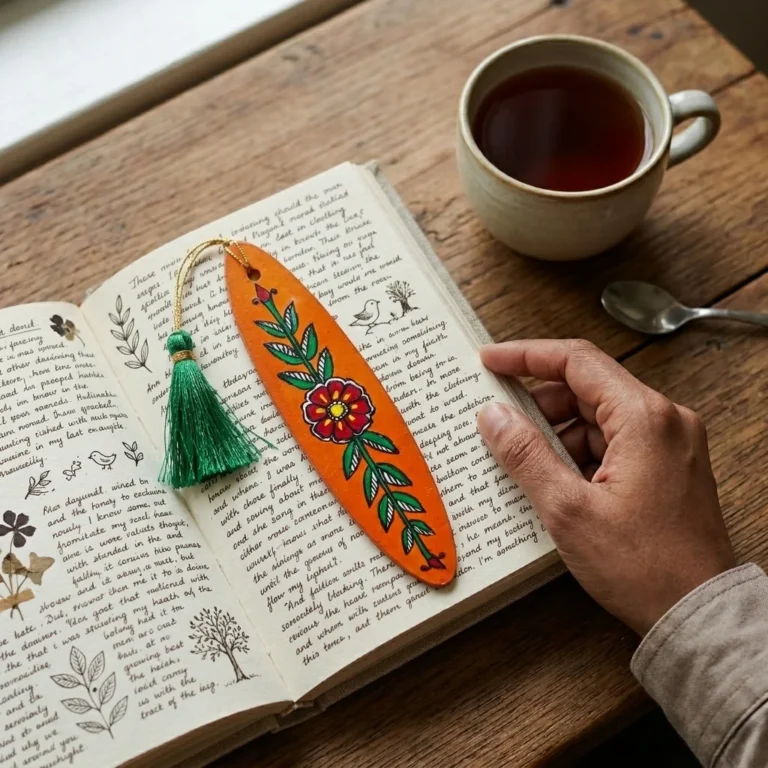 madhubani flower orange bookmark in use