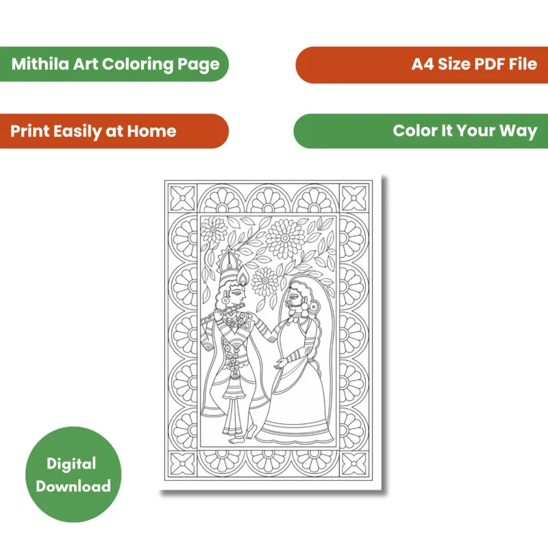 madhubani radha krishna coloring page A4 coloring sheet