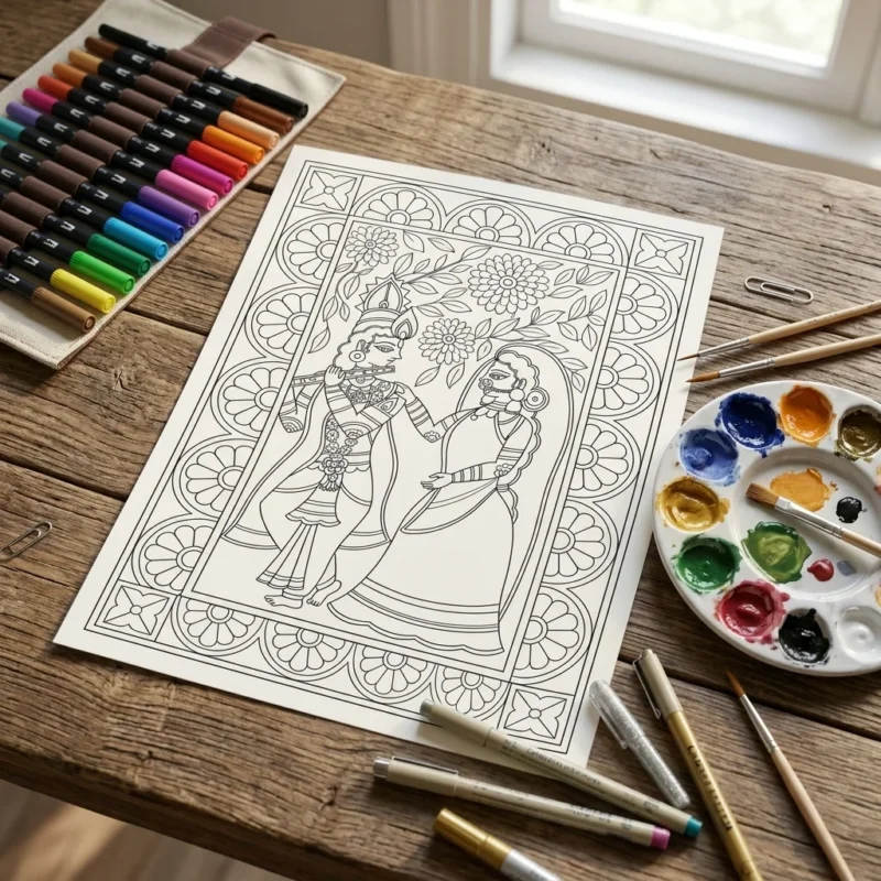 radha krishna madhubani art coloring page
