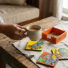 madhubani art peacock coaster set in use