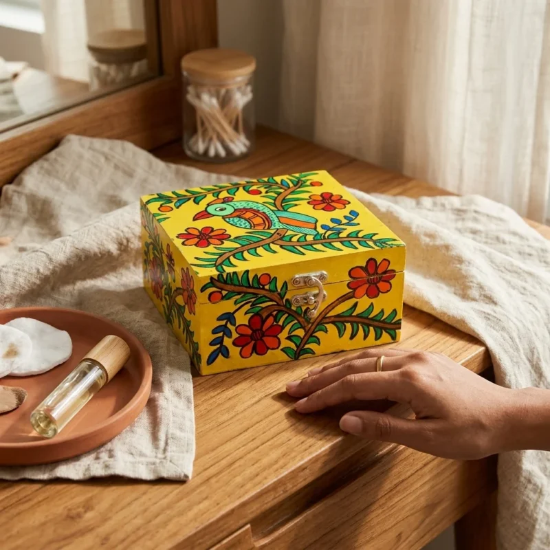 madhubani bird 6x6 gift box for storage and decoration