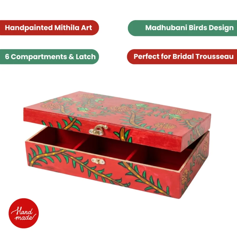 madhubani birds flock jewellery box in red